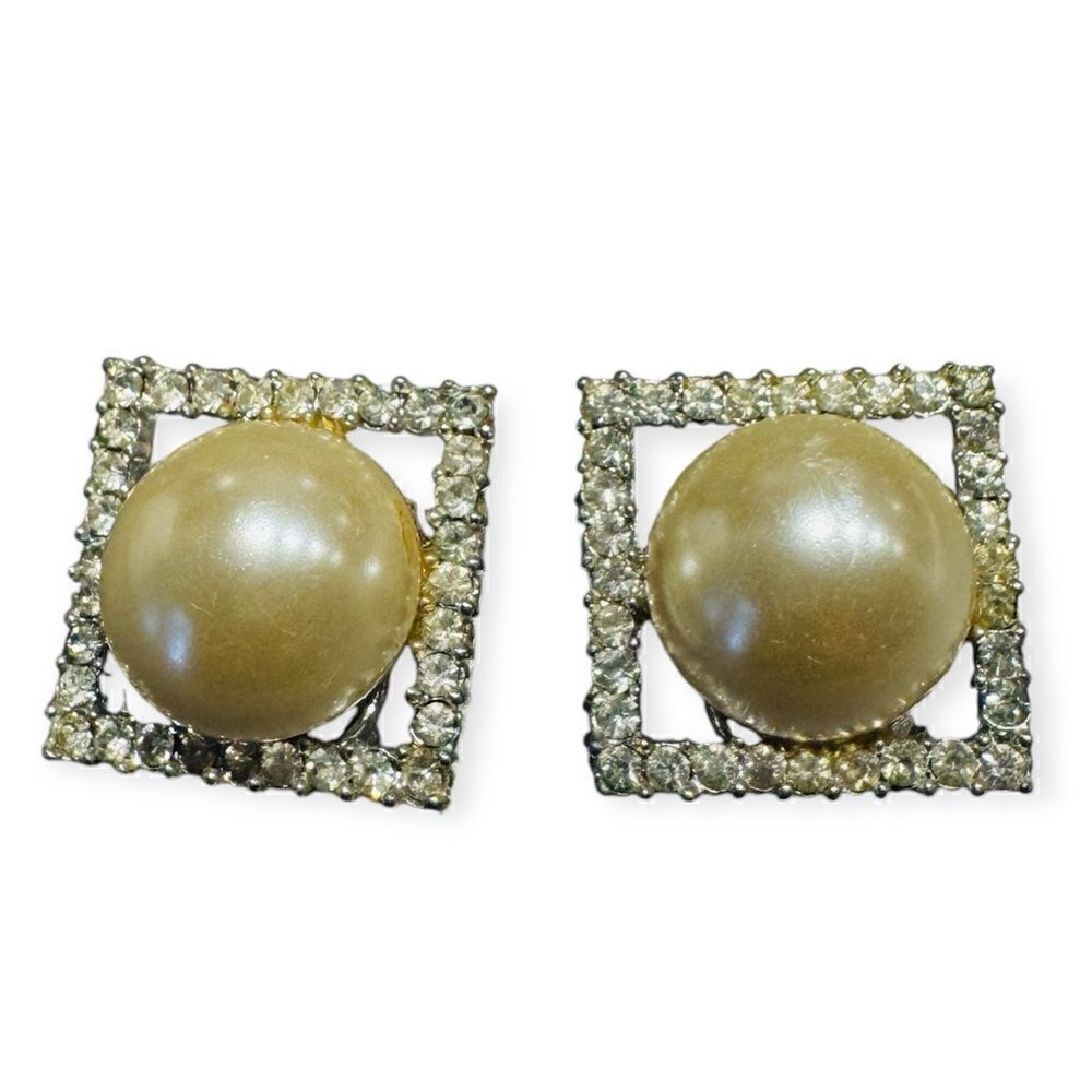 Vintage Crystal & Pearl Square Clip On Earrings